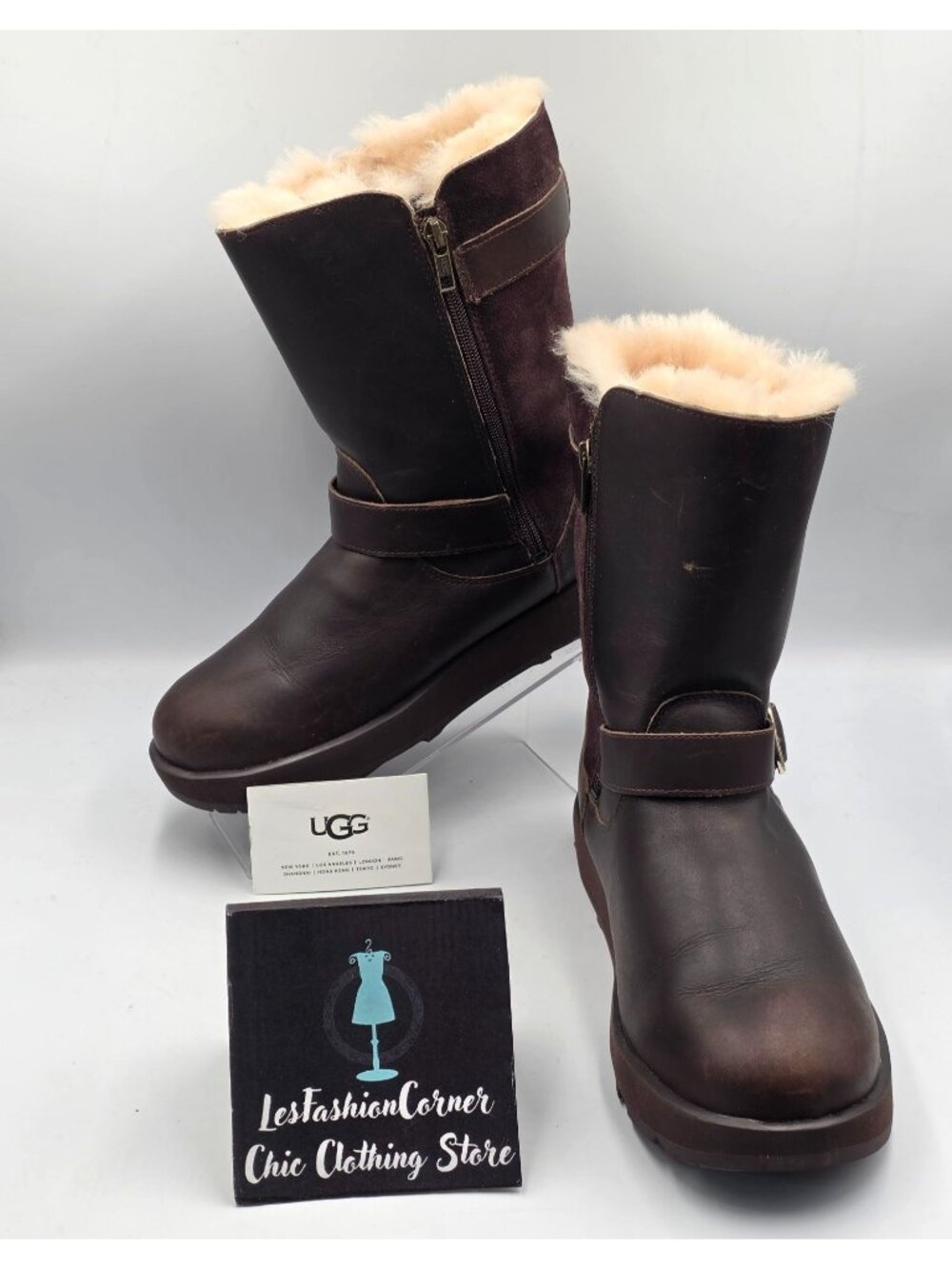 UGG Women Brown Leather Shearling Lined Breida Waterproof Winter Boots Sz10 3918